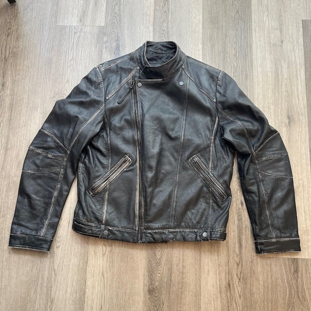 Mens Distressed Leather Motorcycle Jacket Biker Bomber Punk Rock Size XL